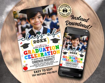 Kids Graduation Photo Party Invitation | Editable Moving Up Ceremony Card ( Digital Printable Template 5x7)