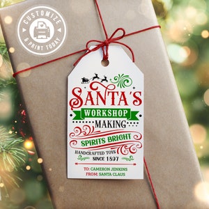 Santa&#39;s Workshop Christmas Gift Tag | North Pole Editable Holiday Party Favor Tag Present | Custom Digital Printable Template 2x3.5&quot;