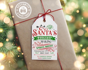 Santa's Workshop Christmas Gift Tag | Editable North Pole Kid's Holiday Party Favor Tag | Custom Digital Printable Template 2x3.5"