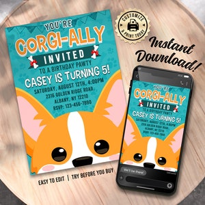 Corgi Birthday Invitation | Editable Funny Corgi Puppy Dog Theme Kids Party Invite | Custom Digital Printable Template 5x7