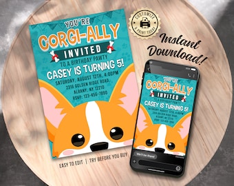 Corgi Birthday Invitation | Editable Funny Corgi Puppy Dog Theme Kids Party Invite | Custom Digital Printable Template 5x7