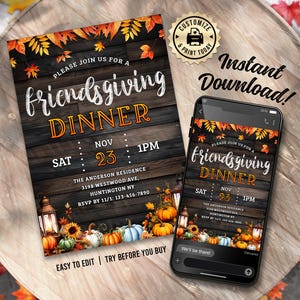 Può includere: Invito digitale modificabile per una cena di Friendsgiving il 23 novembre alle 13:00. L'invito presenta uno sfondo in legno rustico con foglie autunnali, zucche e una lanterna. Include la data, l'ora, il luogo e le informazioni RSVP. Il testo "Facile da modificare | Prova prima di acquistare" si trova in basso.