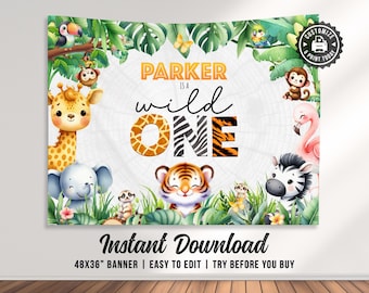 Può includere: Uno striscione stampabile da 122x91 cm per un primo compleanno. Lo striscione ha un tema giungla con una giraffa, una zebra, una tigre, un elefante e una scimmia. Il testo sullo striscione recita "Parker è un selvaggio".
