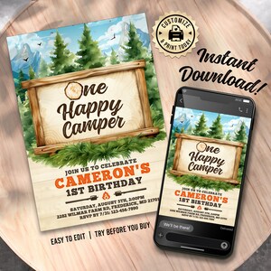 May include: A printable invitation for a first birthday party with a woodland camping theme. The invitation features a wooden sign with the text "One Happy Camper" and a mountain landscape in the background. The text "Join us to celebrate Cameron's 1st Birthday" is also included.