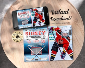 Ice Hockey Birthday Photo Invitation | Editable Face Off Kids Sports Party Invite | Custom Digital Printable Template 7x5