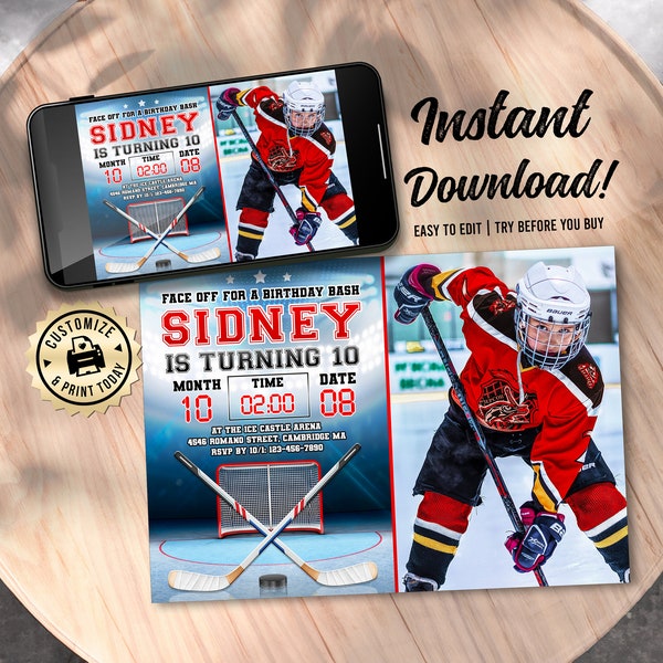 EDITABLE Hockey Game Ice Rink Stadium Sports Arena Tournament Birthday Party Photo Invitation Custom Digital Printable Template - 7x5