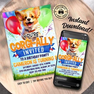 Corgis-Geburtstags-Einladung | Bearbeitbar lustige Corgis Hündchen Thema Kinder Party einladen | Benutzerdefinierte digitale druckbare Vorlage 13x18