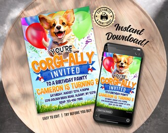 Corgis-Geburtstags-Einladung | Bearbeitbar lustige Corgis Hündchen Thema Kinder Party einladen | Benutzerdefinierte digitale druckbare Vorlage 13x18