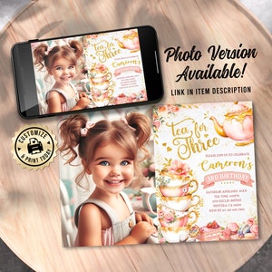 EDITABLE Tea For Three Victorian Tea Time Rose Gold Pink Teacups 3rd Birthday Brew Party Invitation Custom Digital Printable Template 5x7 image 6