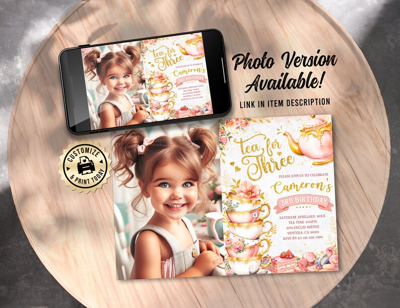 EDITABLE Tea For Three Victorian Tea Time Rose Gold Pink Teacups 3rd Birthday Brew Party Invitation Custom Digital Printable Template 5x7 image 6