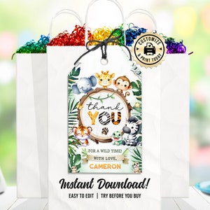 Safari Thank You Tag | Editable Jungle Animals Kids Birthday Party Favor Tag | Custom Digital Printable Template 2x3.5&quot;