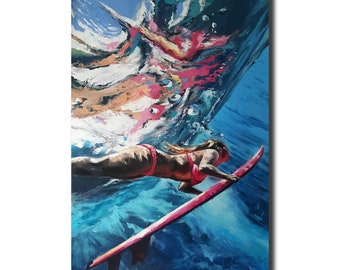 Mädchen Surferin großes Original Ölgemälde rosa Surfbrett unter der Welle Frau Unterwasser Ozean Meer weibliche Figur Sport Bild Kunst Meereslandschaft