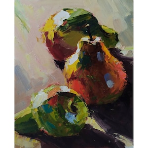 Pintura al óleo naturaleza muerta peras fruta comida abstracta moderna original imagen arte interior hogar pared decoración obra de arte paleta espátula cartón