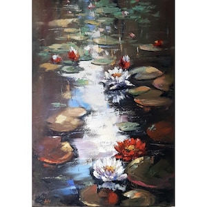 Water lilies oil painting original hand painted lily lotus flowers in the pond landscape with lilies impressionism picture art on canvas