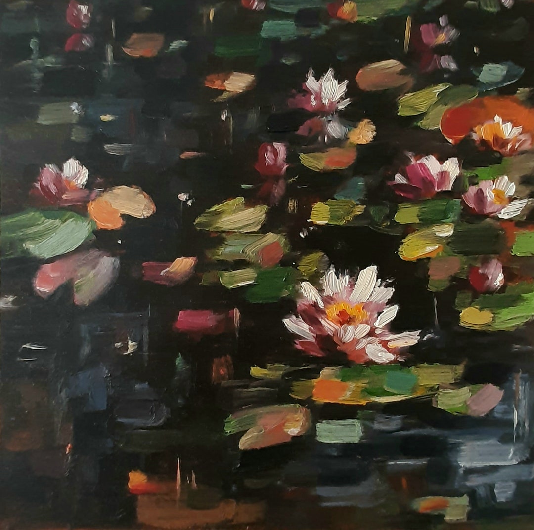Original Oil Painting Water Lilies Pond Lake Landscape Flowers Nature ...
