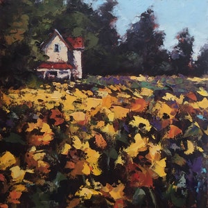 Sunflowers oil painting landscape field village farmhouse blooming flowers original hand painted sunflowers art oil on canvas palette knife