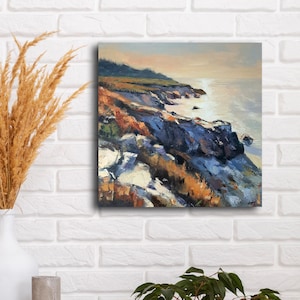 Seascape sunset Oil painting rocky seashore Mediterranean handpainted original picture art landscape canvas palette artwork stones rocks sea