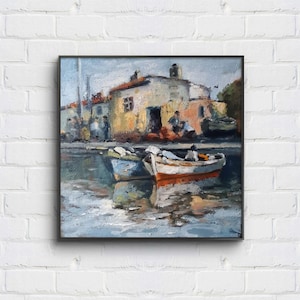 Italy oil painting Mediterranean fishing village boats seascape mood handpainted original picture art canvas artwork vintage style