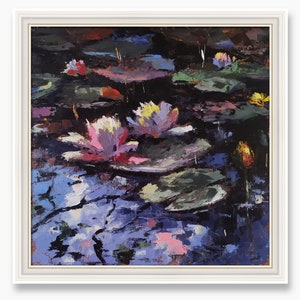 Water lilies Original Oil painting Lotus flowers pond lake hand painted lily landscape textured picture art on canvas gift abstract artwork