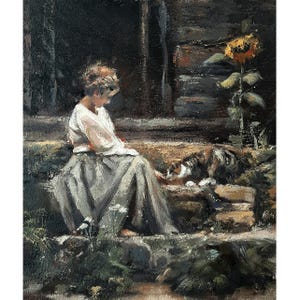 Original oil painting Girl with a cat Romantic mood hand painted girl in a dress picture art vintage style Portrait impressionism animal art