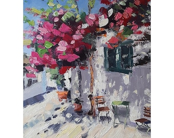 Motif méditerranéen peinture à l’huile originale maisons rue arbres roses en fleurs peints à la main image art œuvre d’art ambiance romantique impressionnisme