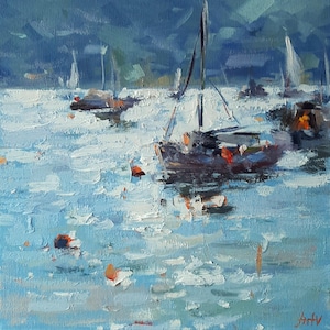Seascape oil painting original hand painted art boats yachts sun glare Mediterranean motif impressionist sea canvas artwork romantic mood