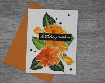 Fancy hibiscus bud and decorative leaves Wedding Invitation or Engagement Announcement Blank 5x7 art card Great for Mother/'s Day
