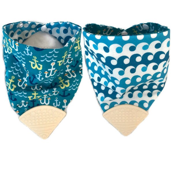 Baby Teething Bib Teether Bib Hankerchief Bib Teething Corner Bandana Bib Reversible Drool Bib Chew Bib Bibdana Silicone Bib Waves & Anchors