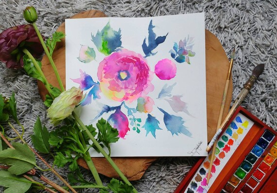 Abstract Flowers In Original And Unique Watercolor Painting Bouquet De Fleurs Abstraites En Tableau Aquarelle