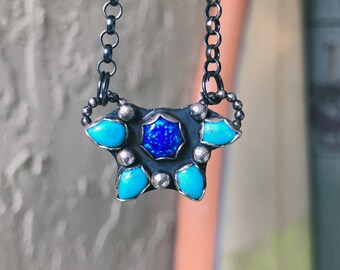 Sunburst cluster necklace - Kingman turquoise // opal