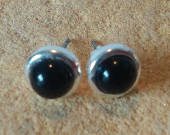 Black Onyx stud earrings, Silver plated earrings
