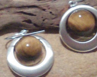 Silver Plated Circle earrings, Tiger eye gemstone earrings