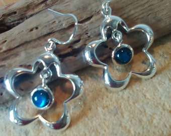 Silver plated flower earrings, Blue Abalone gemstone earrings,