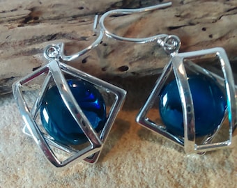 Silver Plated Square earrings, Blue Abalone gemstone earrings, Modern art deco earrings