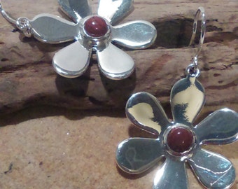 Silver plated Daisy earrings,  Jasper snakeskin gemstone earrings