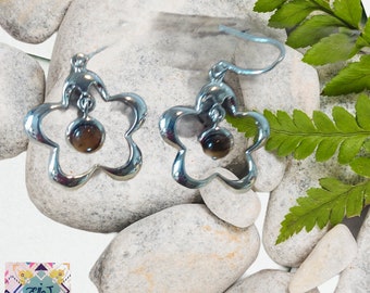Silver plated Flower earrings, Tiger eye earrings,