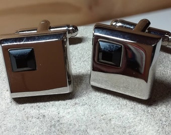 Silver plated square cufflinks with swarovski style black glass stone