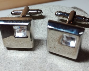 Silver plated square cufflinks with clear swarovski style glass stone