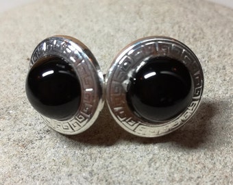 Black Onyx stud earrings, Silver plated earrings