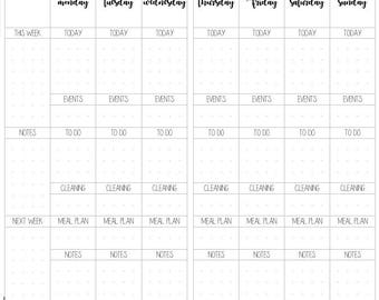 May include: A weekly planner with a grid layout for each day of the week, Monday through Sunday. The planner includes sections for "This Week", "Events", "To Do", "Cleaning", "Meal Plan", and "Notes".