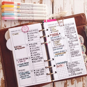 May include: A weekly planner with a brown leather cover and a pink heart-shaped clip. The planner is open to February 2017 and shows a list of daily tasks and appointments. The planner has a grid layout with a column for each day of the week. The planner is filled with handwritten notes and to-do lists.