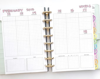 May include: A weekly planner with a grid layout for February 2018. The planner has a gold coil binding and includes sections for tasks, habits, and chores. The planner also has a section for the week of February 12th to 18th, with the days of the week labeled. The planner has colorful tabs for each month of the year.