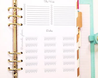 May include: A white planner page with a gold binder. The page is divided into two sections: "This Week" and "Dailies". The "This Week" section has a list of lines with hearts at the end of each line. The "Dailies" section has a grid of squares with the days of the week labeled at the top.