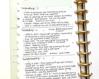 May include: A weekly planner with a light green background and gold rings. The planner is open to the week of February 5th, 2018. The days of the week are listed on the left side of the page, and the daily schedule is written in black ink. The planner includes a list of tasks and appointments for each day, such as "coffee & devotional", "work on cleaning up the house", "play date", and "nap time".