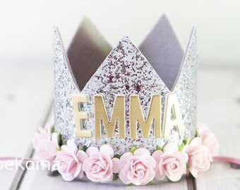 Personalized crown, Pink flower crown, silver crown, birthday crown, floral crown, baby birthday crown, name crown, 1st birthday crown