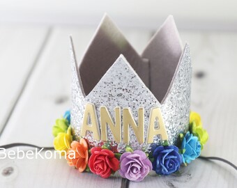 Rainbow crown, personalized crown, rainbow flower headband, birthday crown, photo prop crown, girls name crown, cake smash, 1st birthday