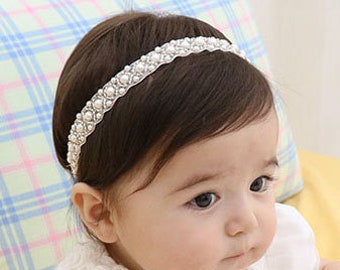 Toddler Head Piece Infant Baptism Head Band Girls Beaded Skinny Hairband DAINTY PEARL Newborn Baby Headband Christening Hair Band
