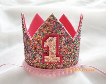 Baby pink crown, Birthday baby outfit, 1st birthday crown, Birthday hat, Glitter party hat, Baby photo prop, Party hair accessories,