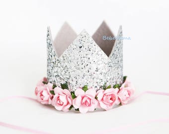 flower crown, birthday flower crown, gold crown, glittery crown, crown headband, girls 1st crown, birthday crown, felt crown headband,