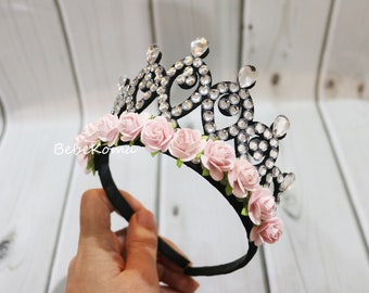 Flower crown, black crown, white crown, ivory birthday crown, girls crown, first birthday crown, crystal crown, princess crown, pink crown